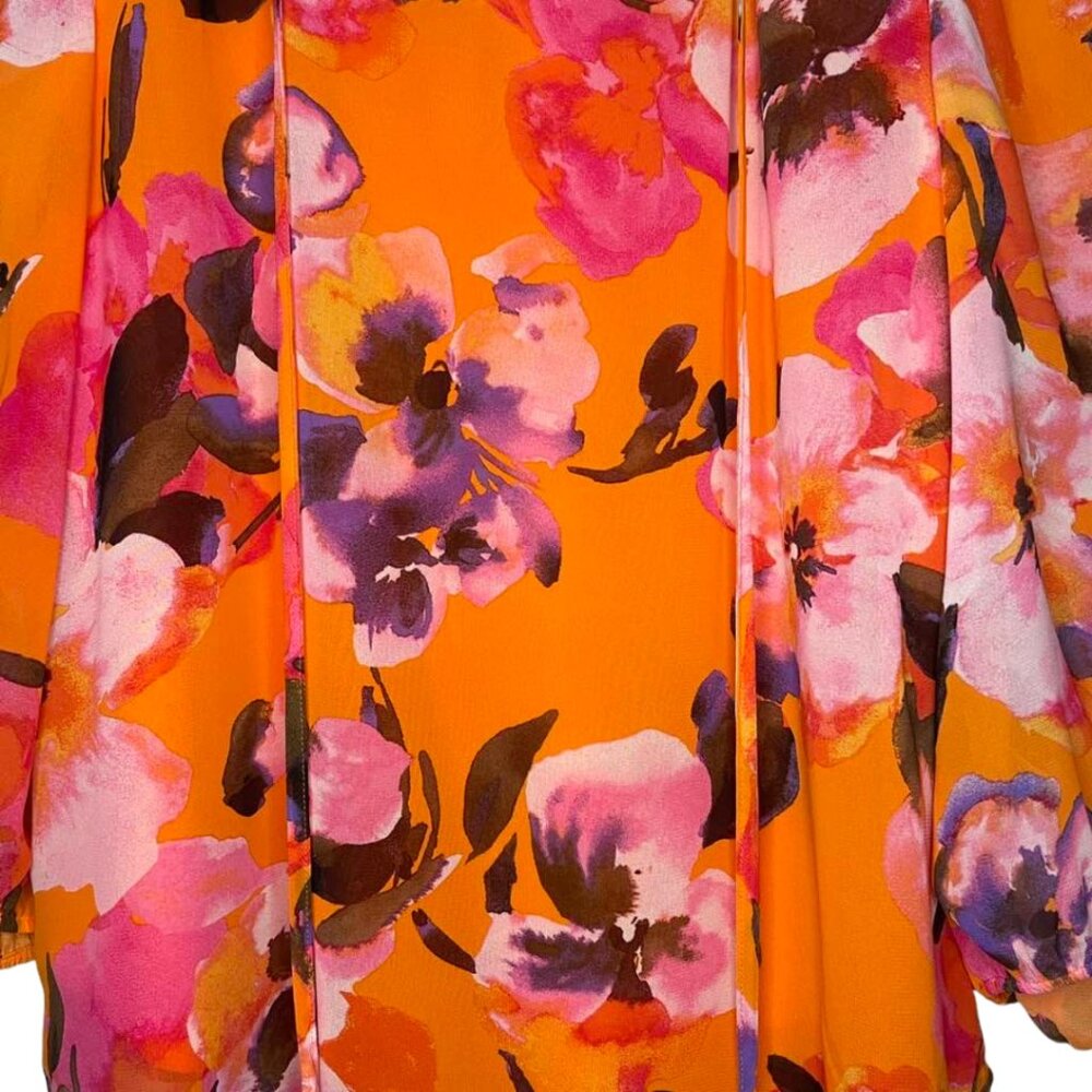Bar III Vibrant Orange Floral Boho Tie Neck Peasant Blouse Size Medium - Picture 7 of 13